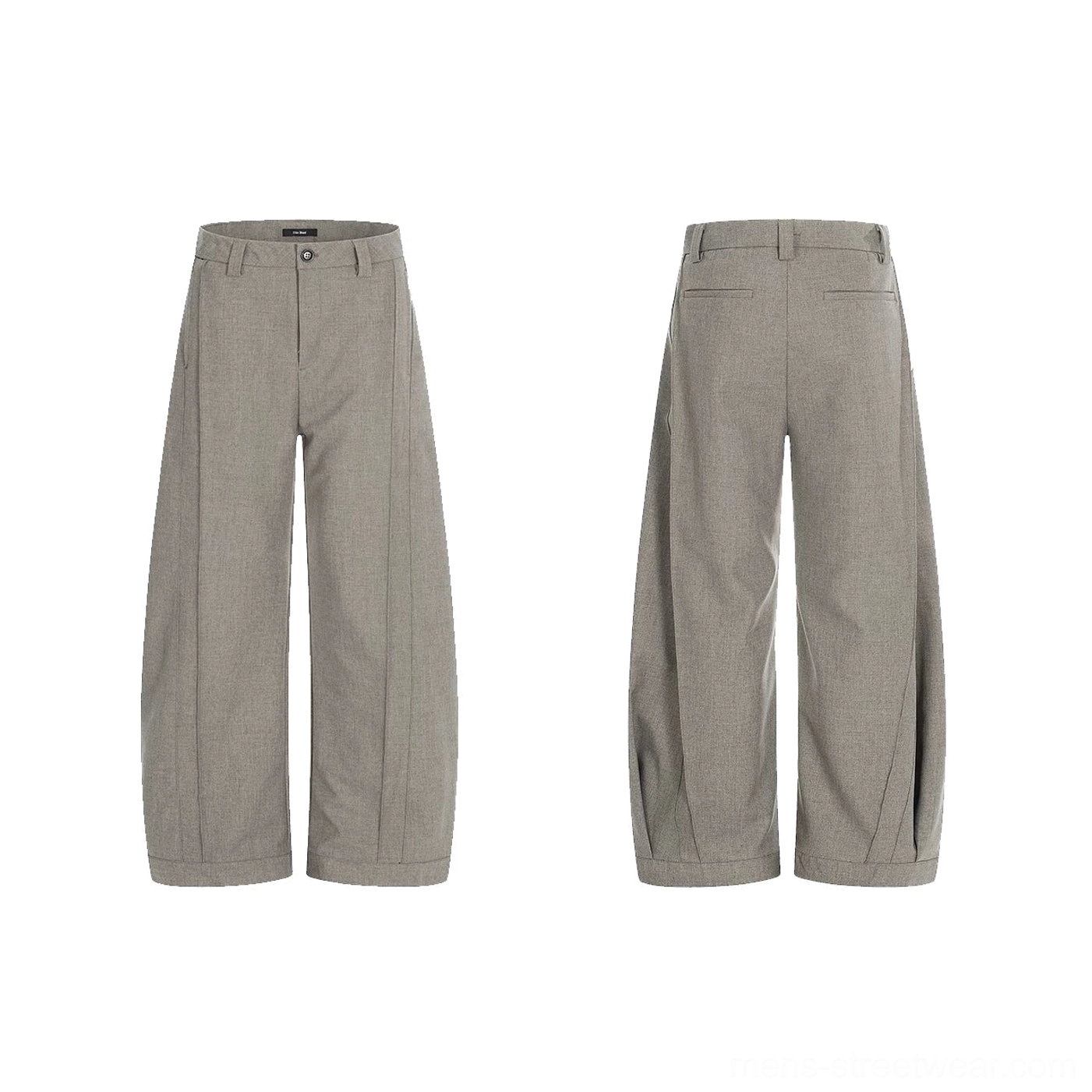 Camel taupe men's pleated barrel-leg tailored trousers flat lay showing button fly waistband belt loops and front pleats