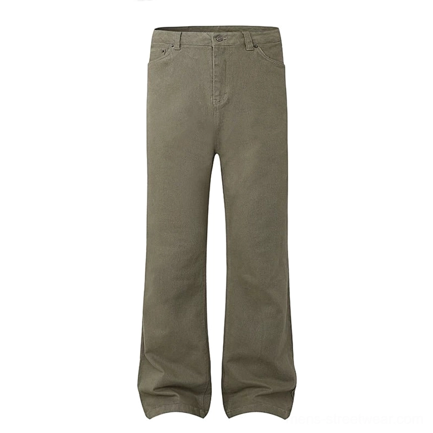 Flat lay front view of camel taupe washed loose straight-leg denim jeans with five pockets, button closure, and stacked silhouette