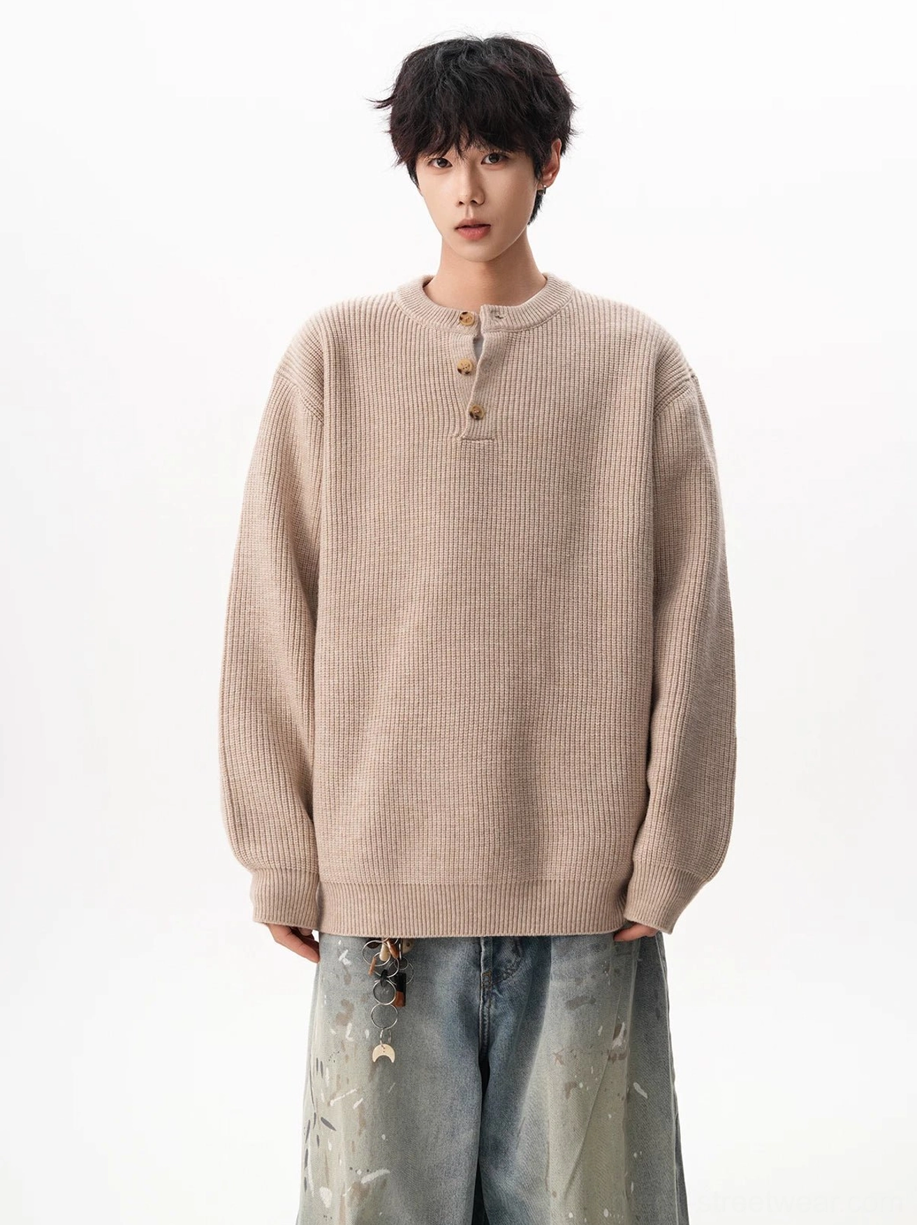Casual Henley neck knit sweater with soft waffle texture and oversized silhouette for men