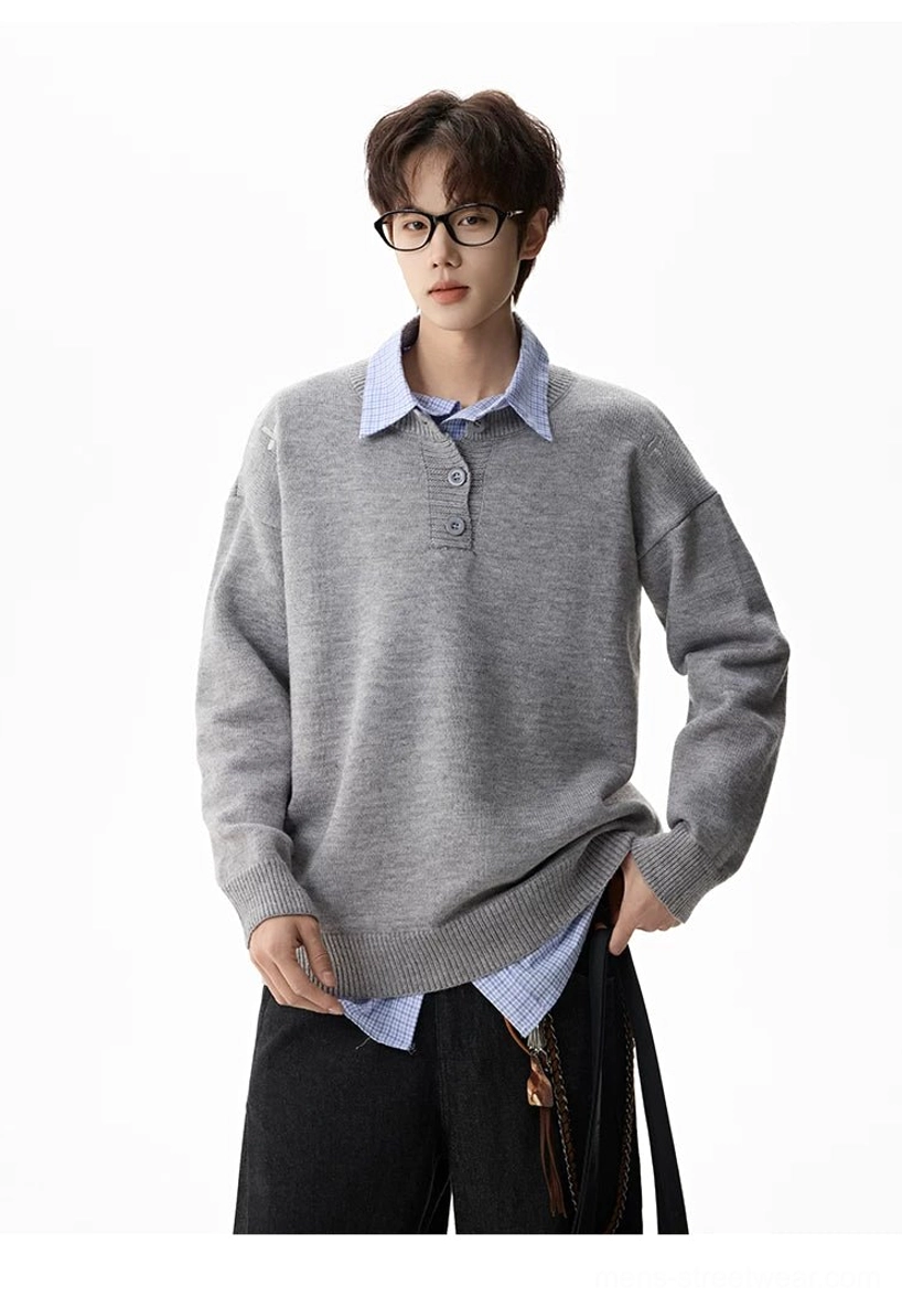 Casual oversized knit sweater with henley neckline, roomy sleeves, ribbed cuffs, and modern East Asian streetwear styling