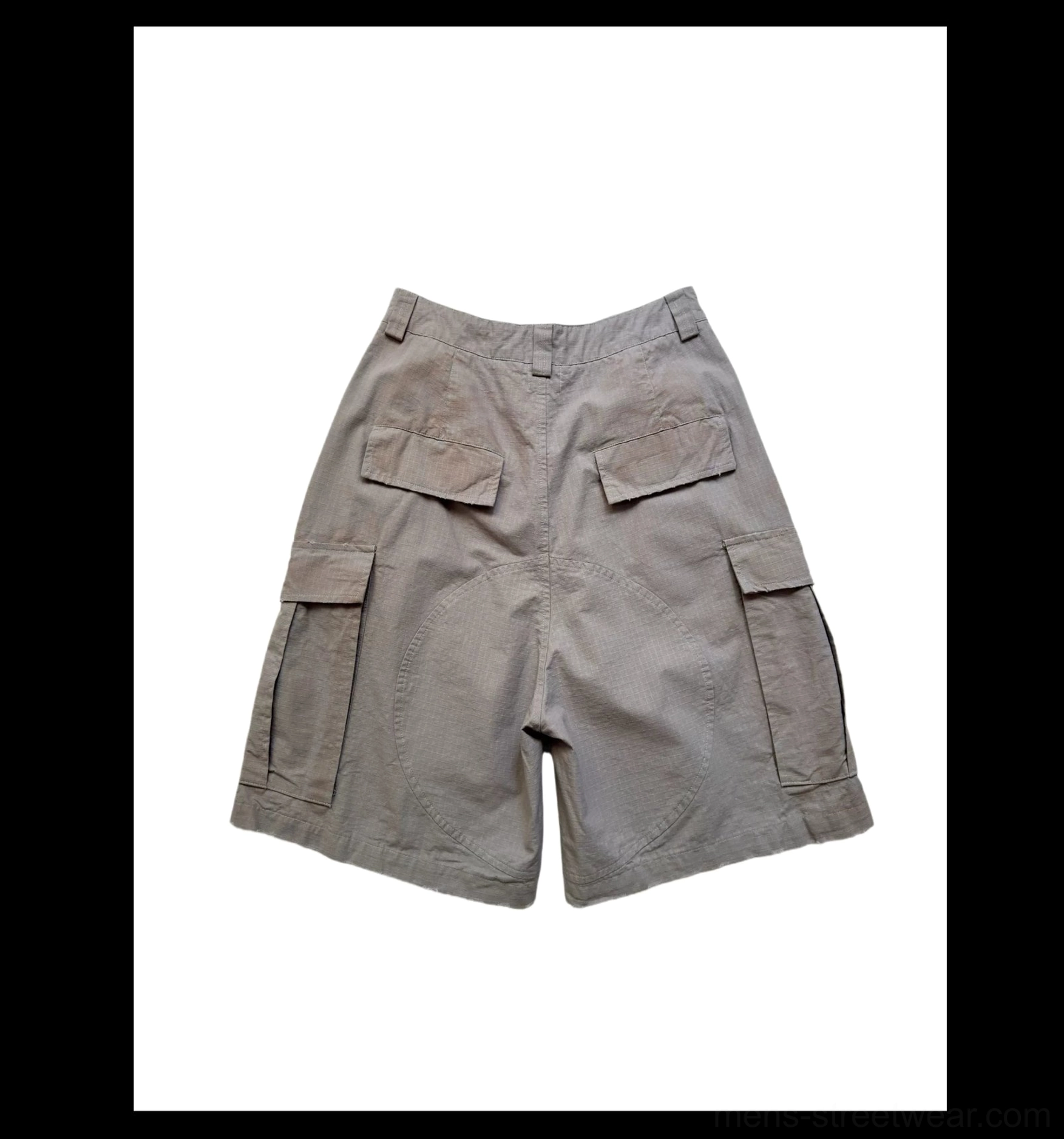 Flat lay rear view of faded cement grey cargo culottes featuring dual flap back pockets and clean cropped hems