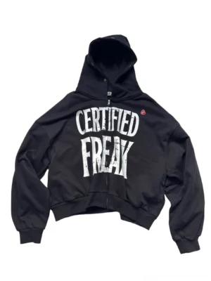 Front flat lay of black Certified Freak oversized cropped full-zip streetwear hoodie with distressed white graphic print and red chest accent