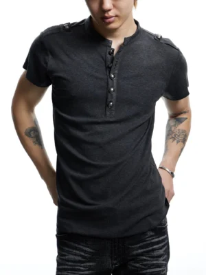 Close-up of a charcoal gray men's Henley streetwear T-shirt showing the metal button placket, textured knit fabric, and military-inspired shoulder tab details