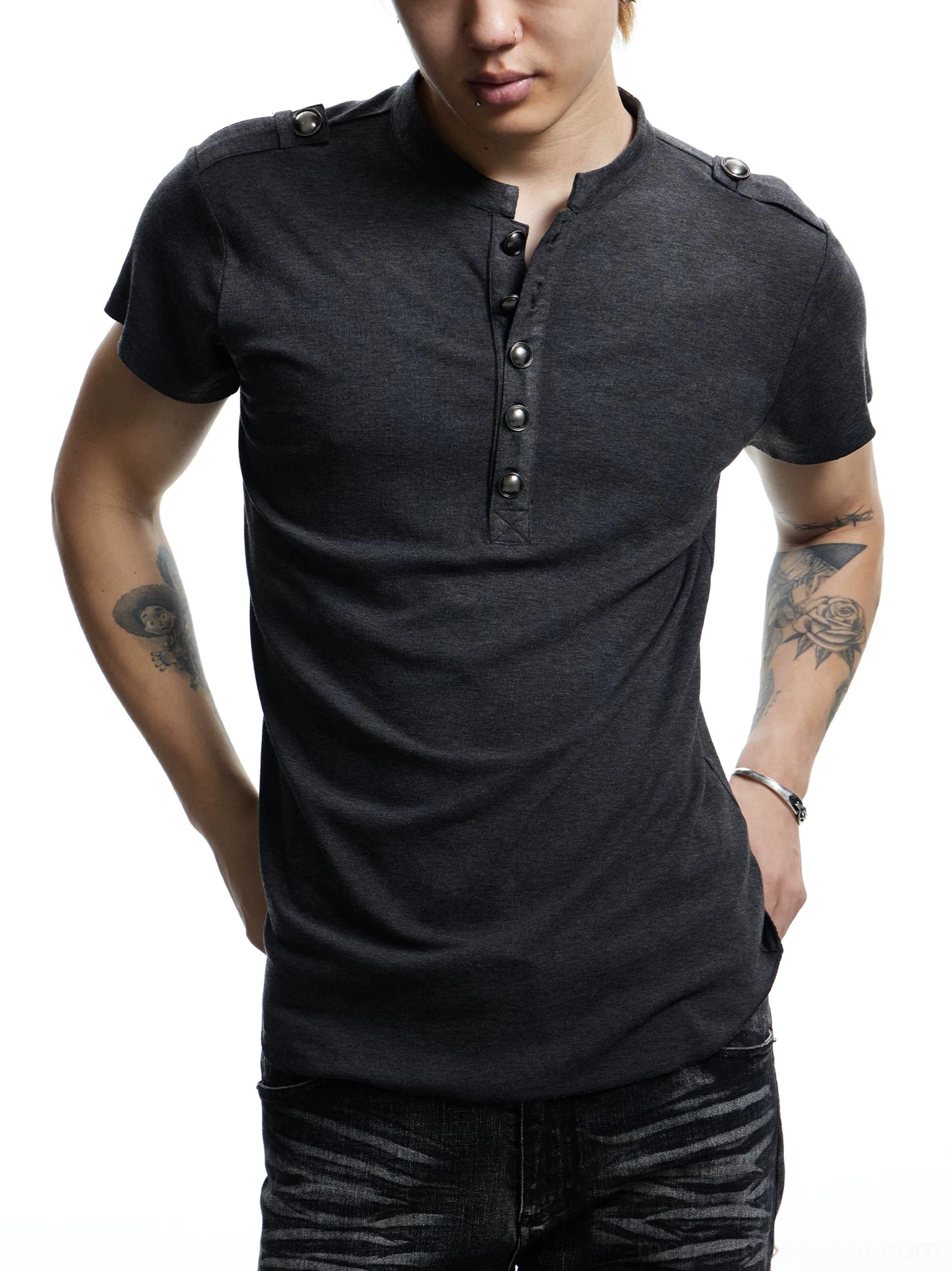 Close-up of a charcoal gray men's Henley streetwear T-shirt showing the metal button placket, textured knit fabric, and military-inspired shoulder tab details
