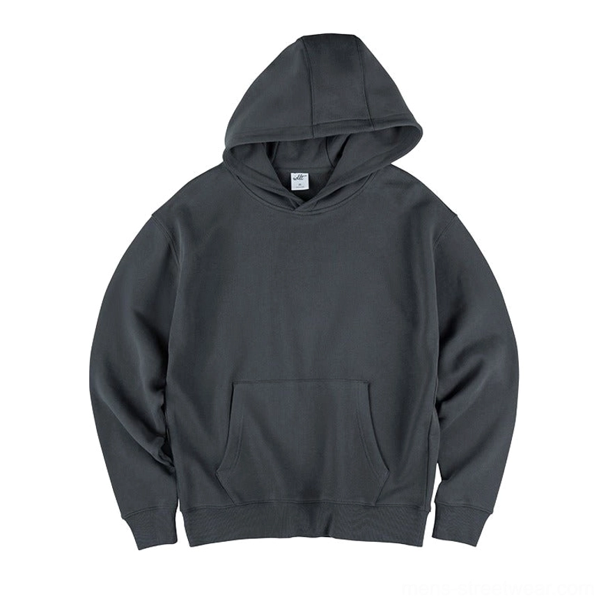 Charcoal gray pullover hoodie shown from a three-quarter front view with minimalist streetwear silhouette and matching front pocket