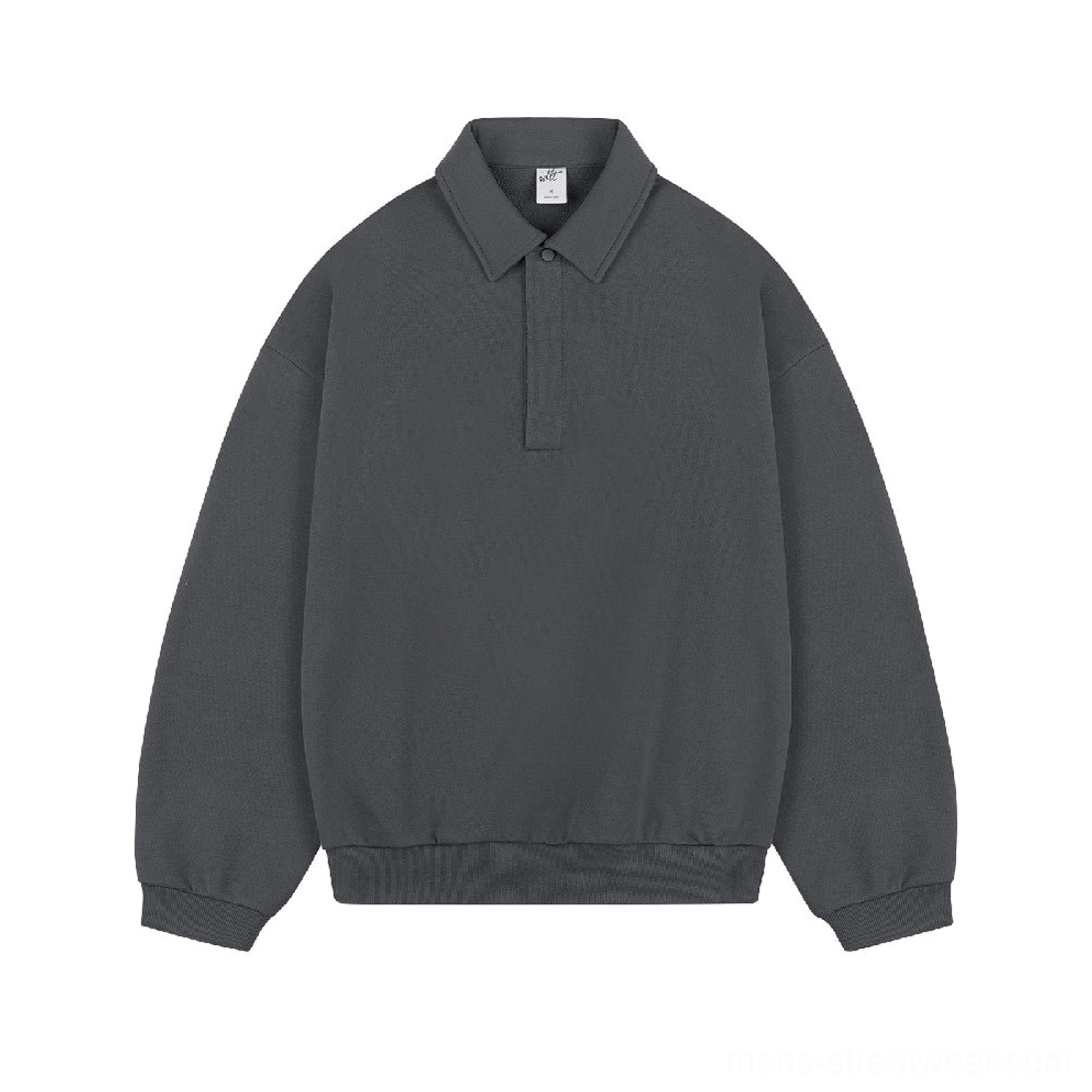 Dark charcoal gray oversized long sleeve polo sweater with clean collar and heavyweight streetwear silhouette