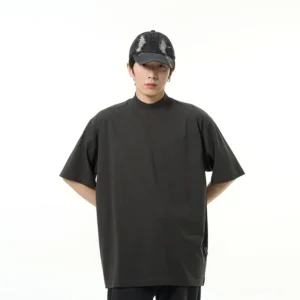 Charcoal gray oversized mock neck short sleeve T-shirt with minimalist blank streetwear design