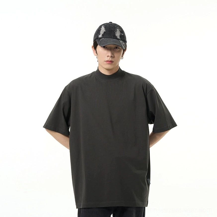 Charcoal gray oversized mock neck short sleeve T-shirt with minimalist blank streetwear design