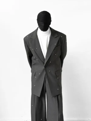 Front view of charcoal gray oversized rhinestone suit with high-waisted wide-leg trousers and relaxed Korean streetwear tailoring