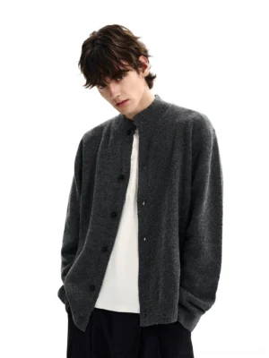 Men's charcoal gray stand collar knit cardigan in a relaxed Korean streetwear fit with soft brushed texture and button front