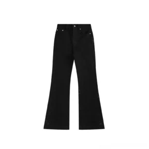 Charcoal black slim flare denim jeans flat lay showing five pocket construction metal button waistband and flared legs