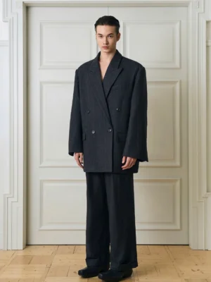 Men's charcoal oversized double-breasted blazer and wide-leg trousers streetwear suit front view