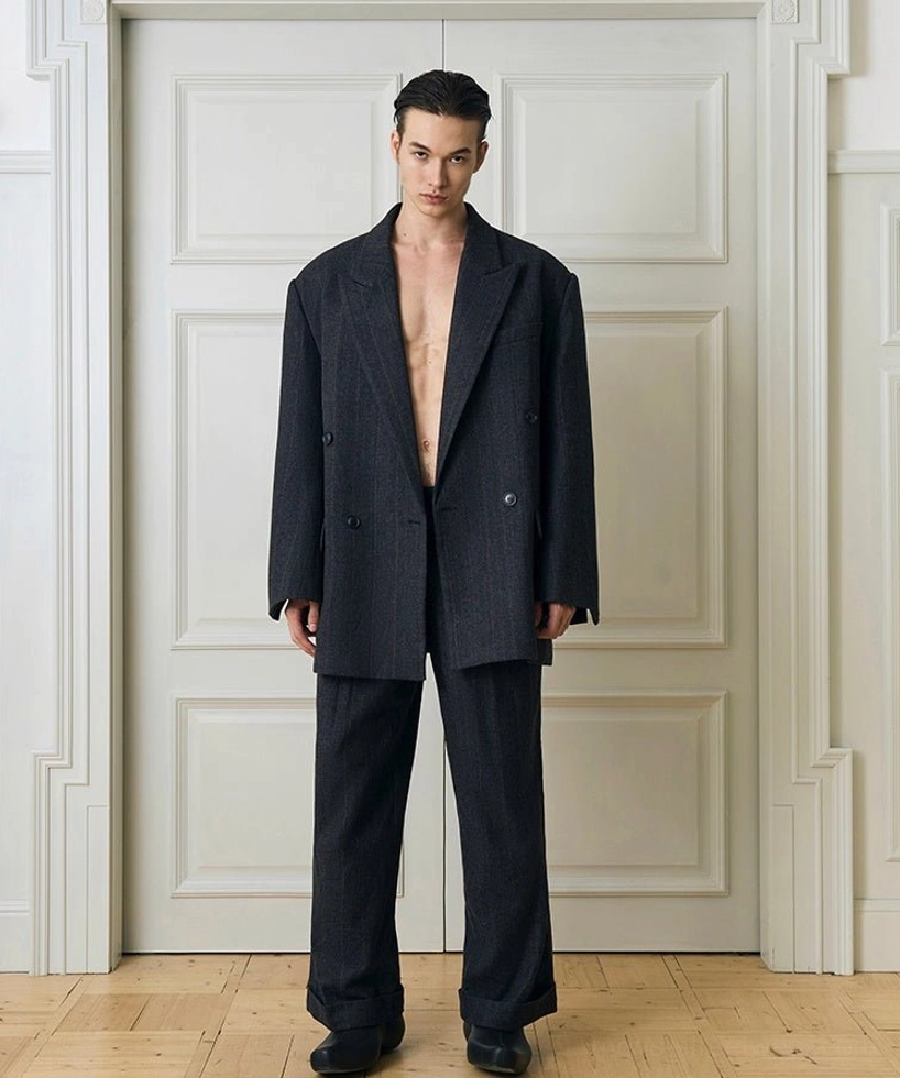 Charcoal oversized double-breasted blazer with matching wide-leg tailored trousers front outfit view