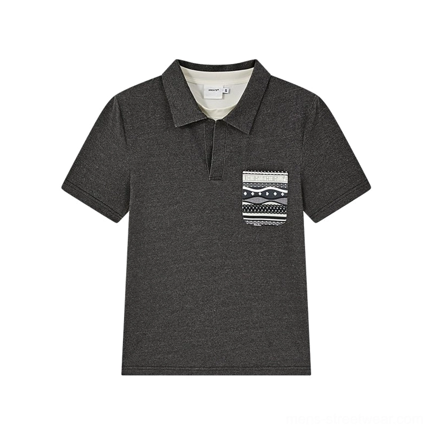 Flat lay of charcoal relaxed knit polo shirt with layered collar and Fair Isle inspired geometric chest pocket