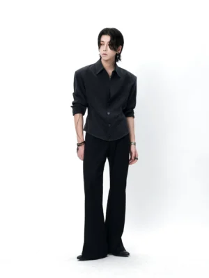 Full-body front view of a charcoal tailored button-up shirt with structured shoulders, sharp collar, and slim sculpted waist silhouette