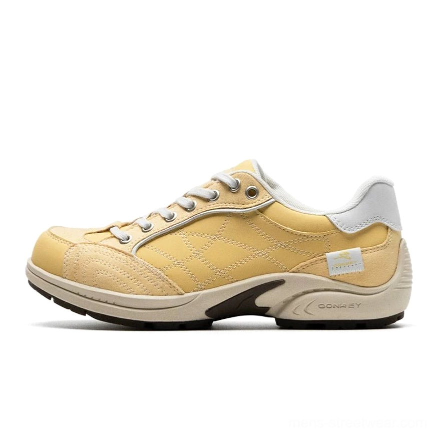 Cheese yellow retro runner sneakers with vintage canvas styling, crisscross stitched upper, lace-up front, and durable rubber outsole