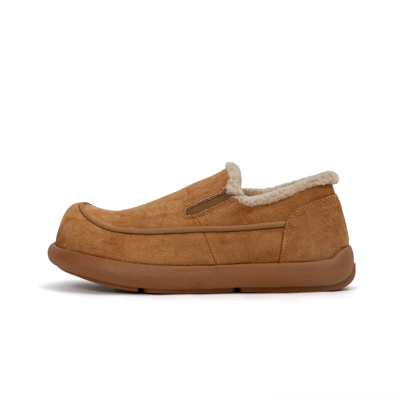Chestnut brown shearling clog side profile with smooth suede-style upper, warm fleece collar, solid brown rubber sole, and convenient slip-on design