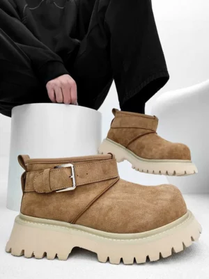 Chestnut brown suede-finish platform ankle boots with silver buckle strap, fleece lining, and chunky lug outsole