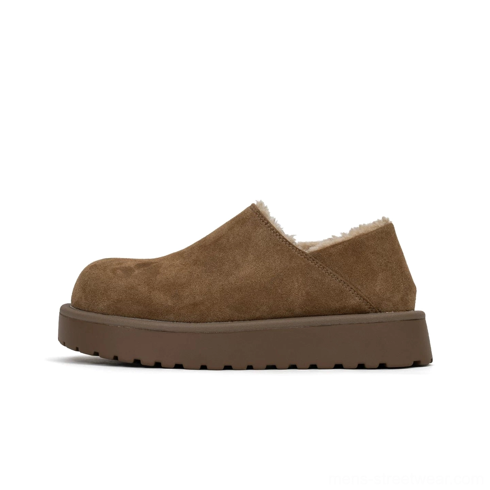 Chestnut shearling-lined platform slip clog in clean side profile on a white background, showing the suede upper, fluffy collar, rounded toe, and thick rubber platform sole