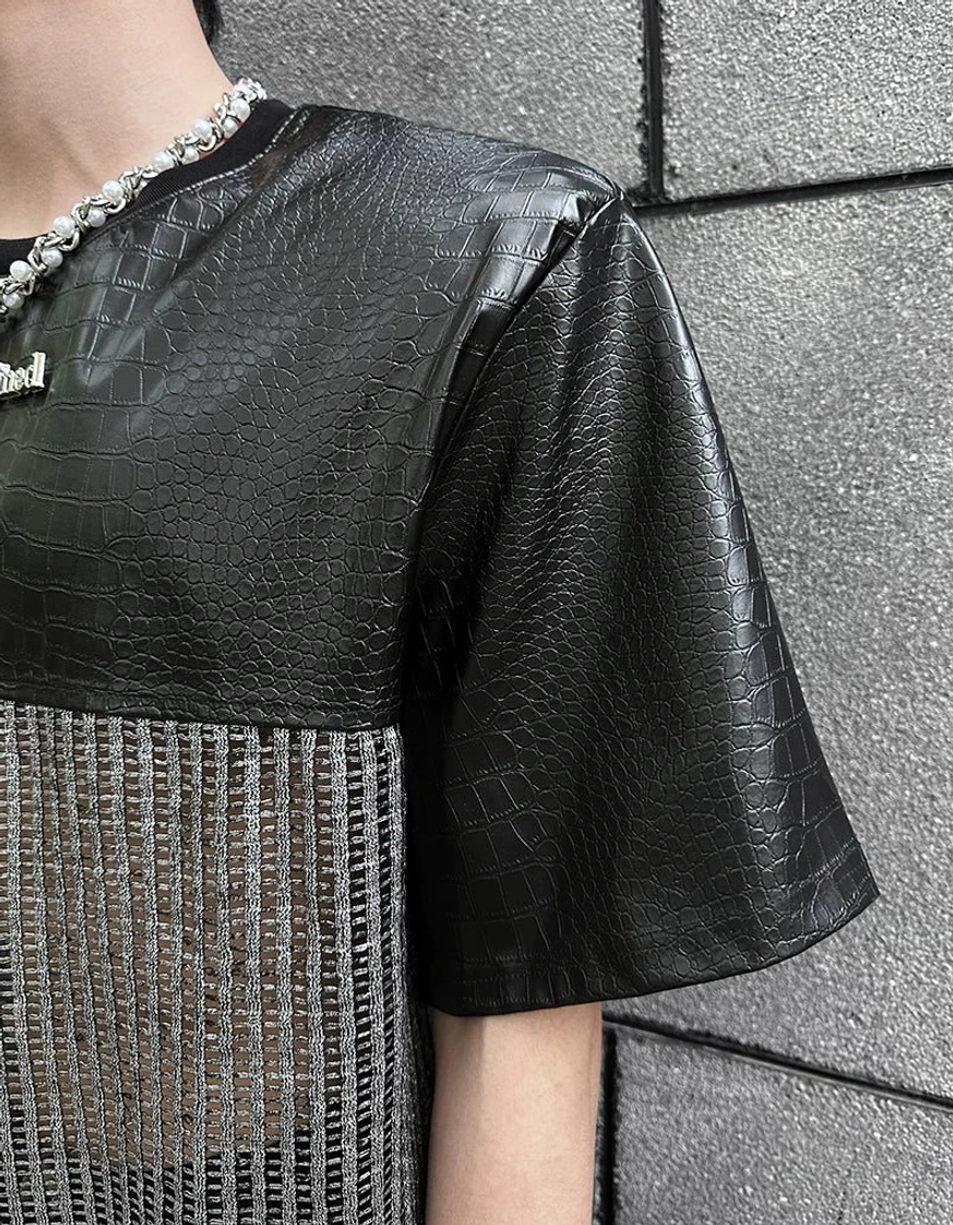 Metallic chrome grid patchwork T-shirt designed for Korean streetwear, techwear outfits, and contemporary East Asian fashion styling