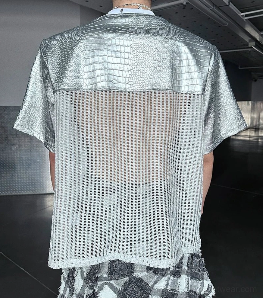Modern chrome grid patchwork T-shirt for men featuring contrasting black and silver textures, techwear construction, and Korean-inspired styling