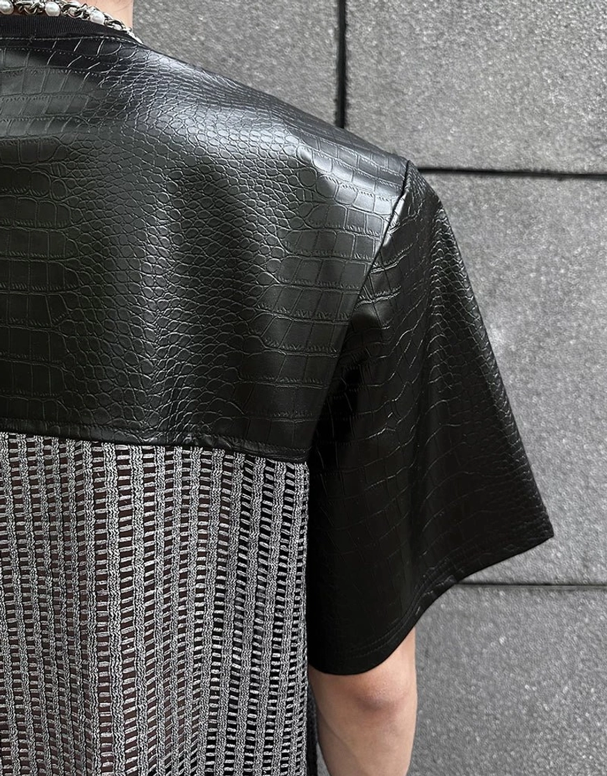 Two-tone chrome grid patchwork streetwear T-shirt with black crocodile-effect panels and reflective silver textured fabric