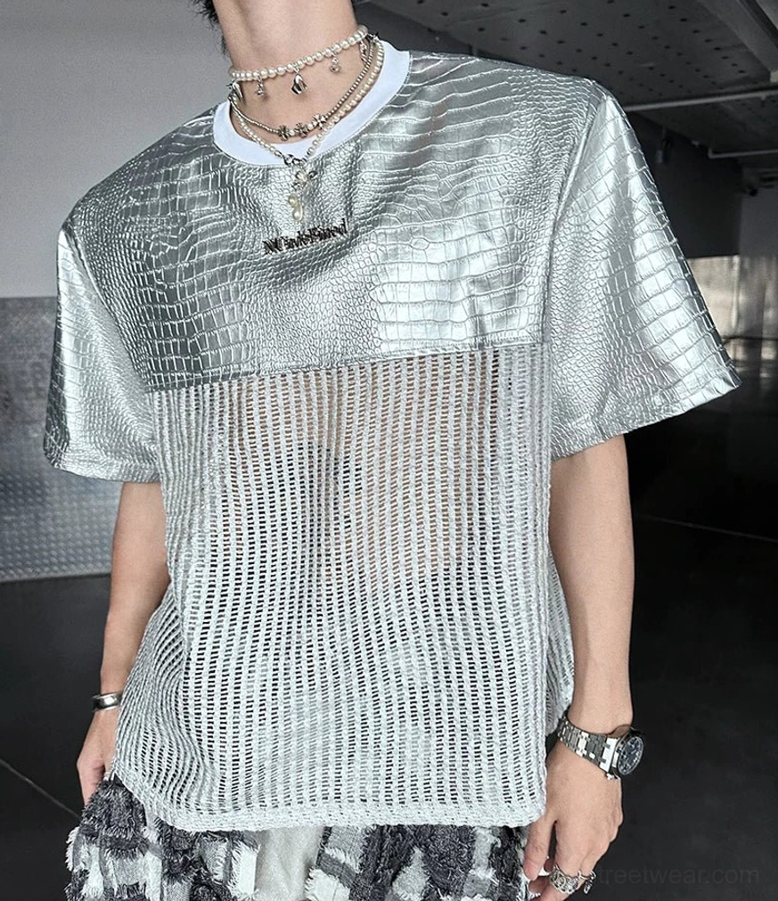 Chrome grid patchwork techwear T-shirt styled as a futuristic Seoul streetwear essential with metallic silver texture and black contrast panels