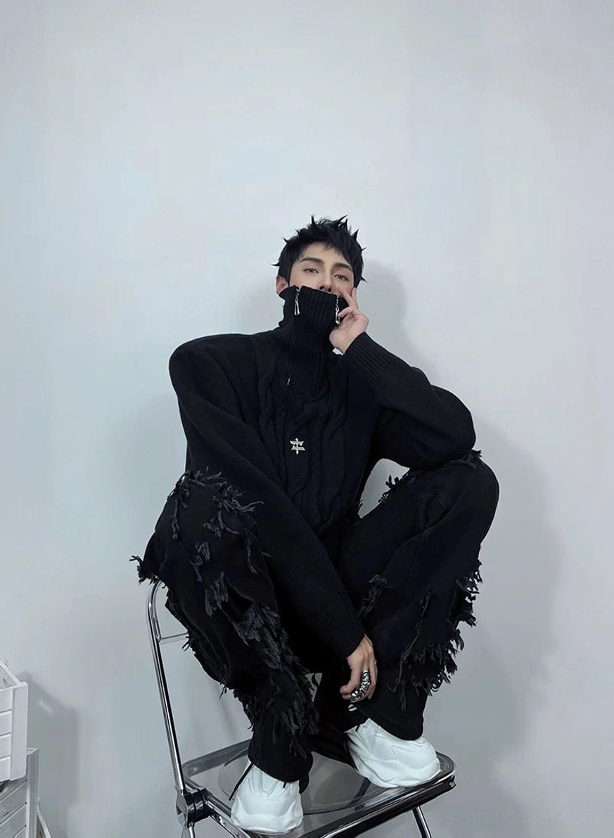 Chunky cable knit funnel neck sweater designed for layered Seoul streetwear and cool weather styling