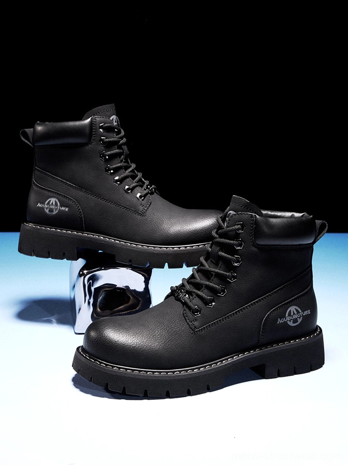 Chunky lug sole ankle boots with zip closure and lace-up detailing for Seoul-inspired utility fashion