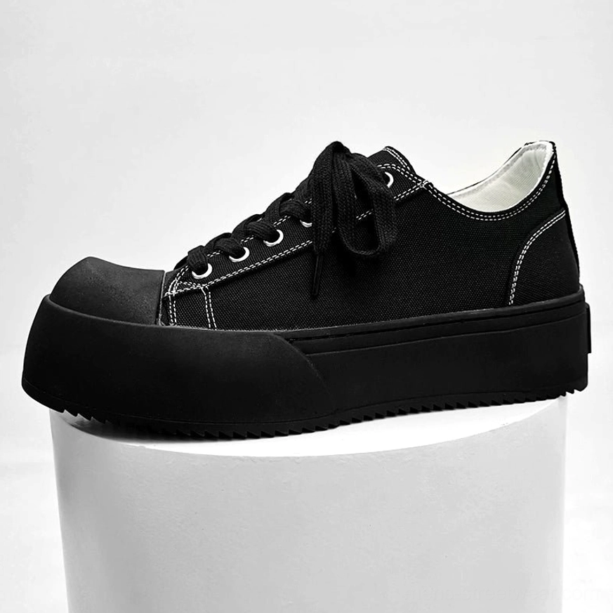 Chunky platform low-top leather streetwear sneakers product image showing the bold low-top silhouette, thick serrated platform sole, and rounded rubber toe cap