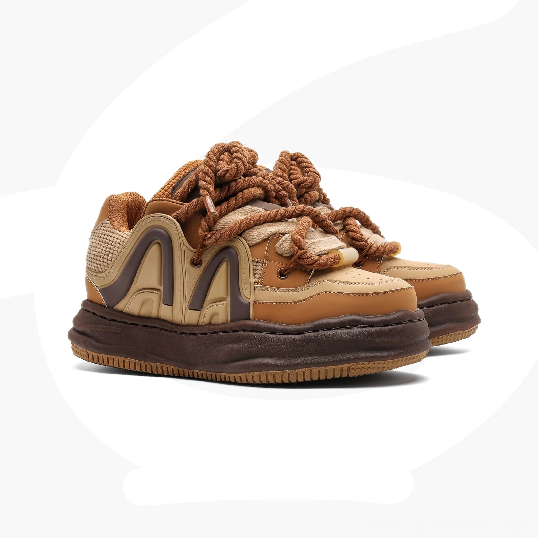 Two pairs of caramel brown chunky rope lace platform sneakers with retro layered uppers