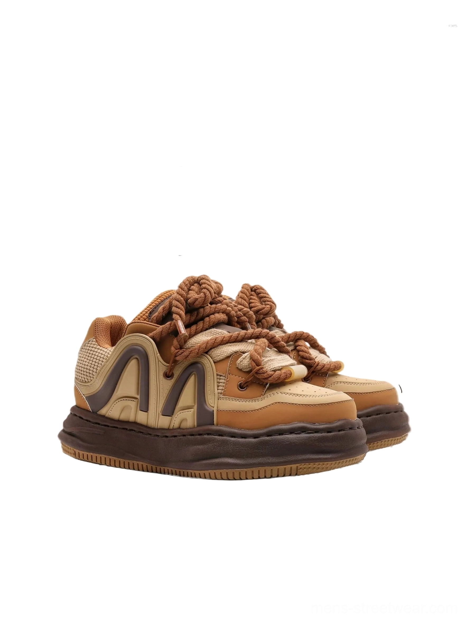 Caramel brown and cream chunky rope lace platform sneakers with layered side panels on white background