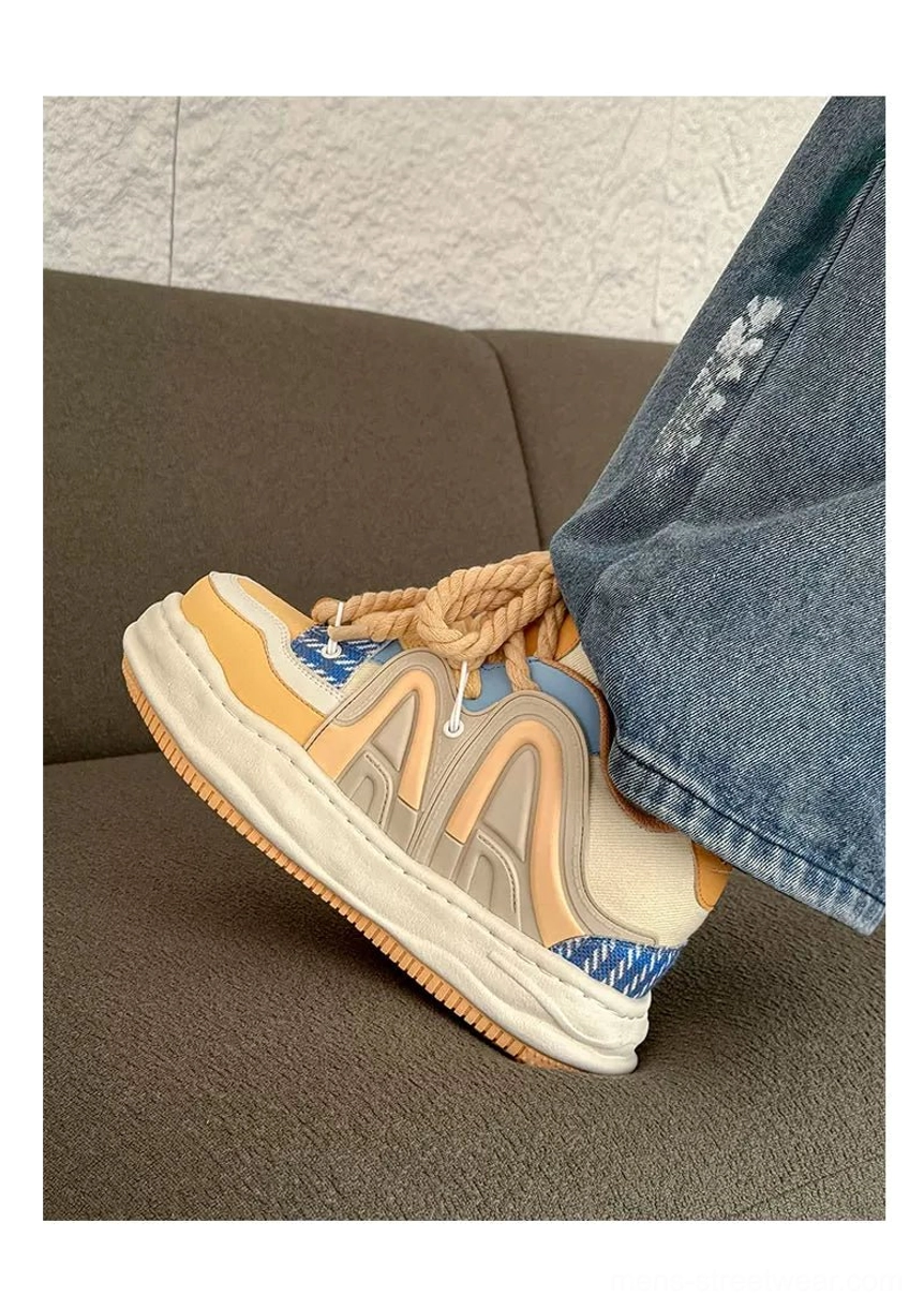 Cheese yellow chunky rope lace platform sneakers with blue toe and heel accent panels