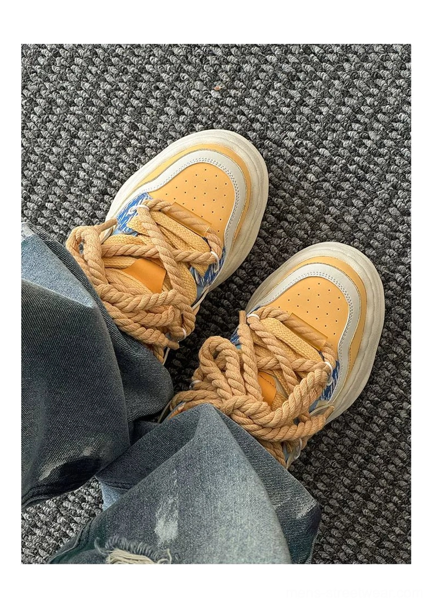 Cheese yellow chunky platform sneakers with thick rope laces and contrasting blue overlay details