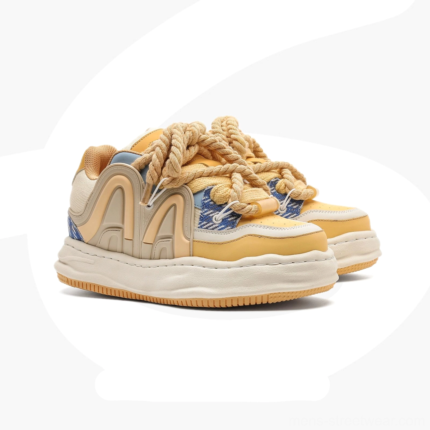 Cheese yellow chunky rope lace platform sneakers with retro court shoe inspired layered construction