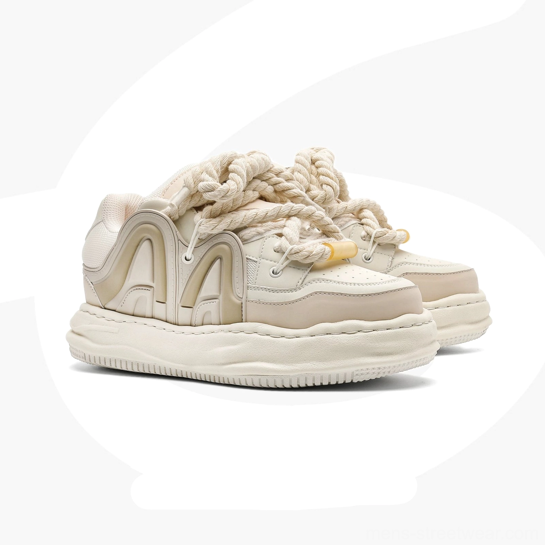 Rice color chunky rope lace platform sneakers with cream layered upper and thick elevated sole