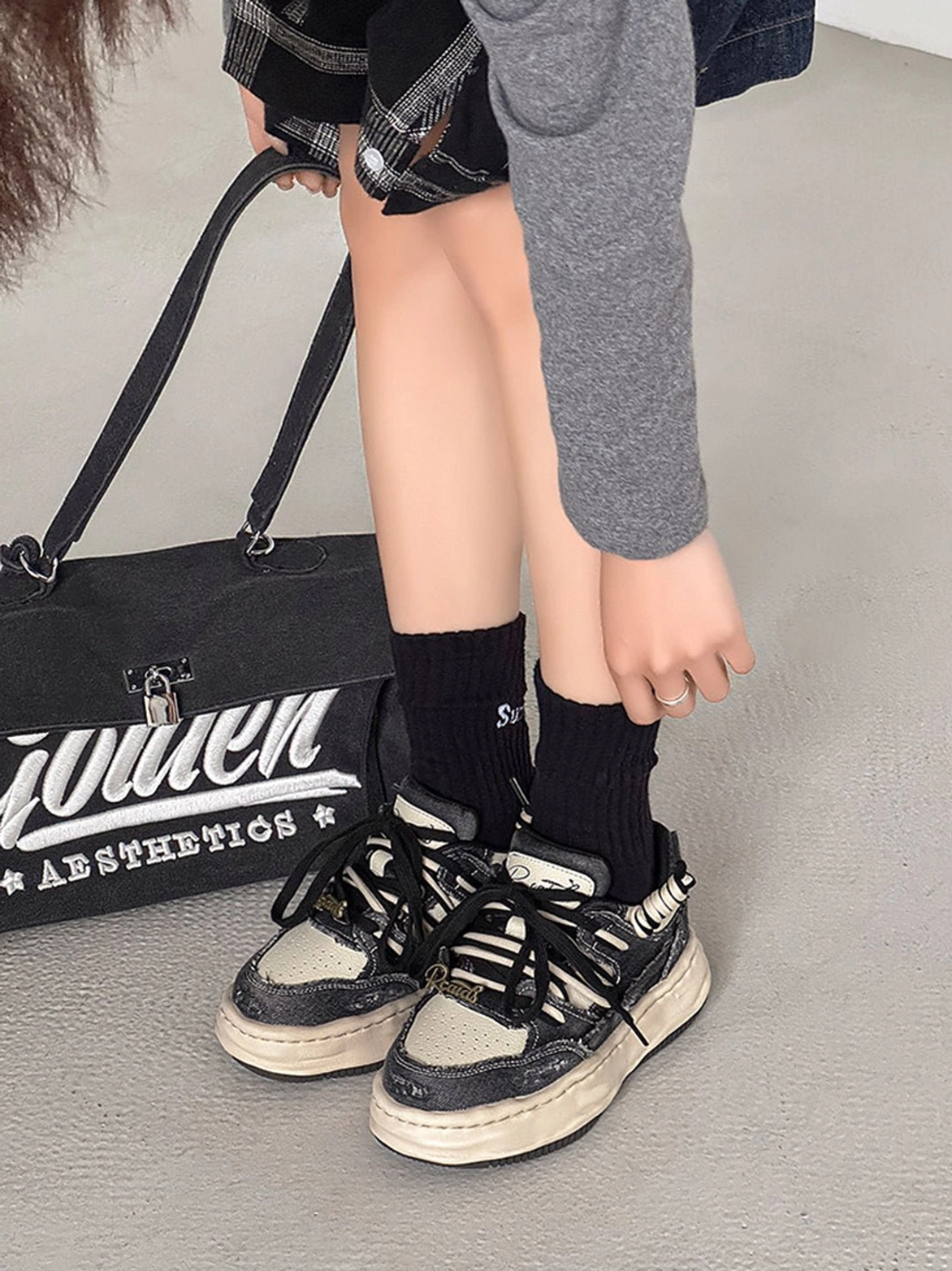 Chunky washed denim sneakers for mens and womens streetwear outfits with baggy denim, hoodies, and cargo pants