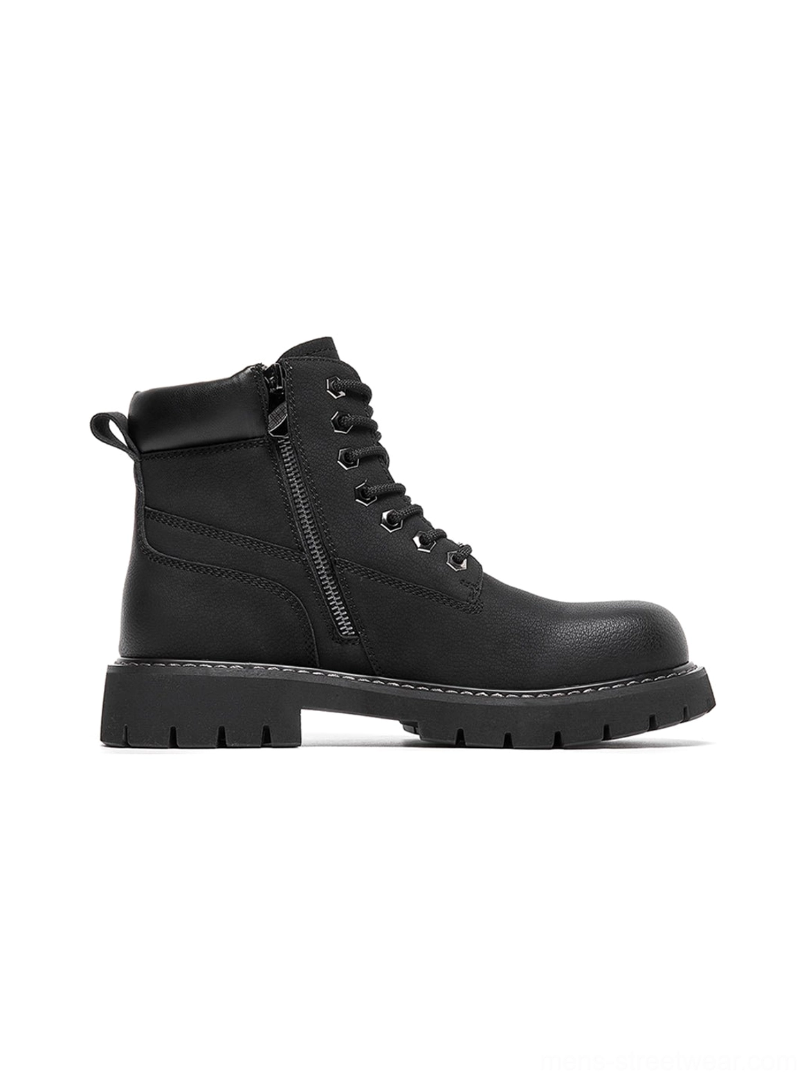 Chunky workwear ankle boots with smooth synthetic upper, padded collar, and durable-looking lug sole