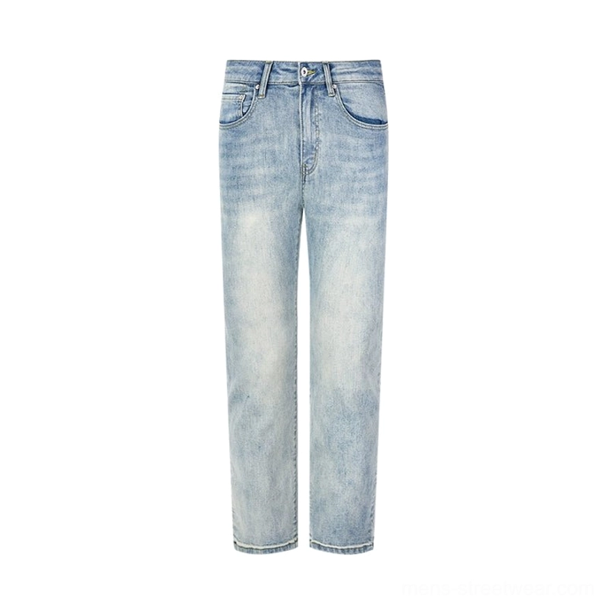 Flat front view of classic light blue straight-leg jeans with traditional five-pocket construction and denim hardware