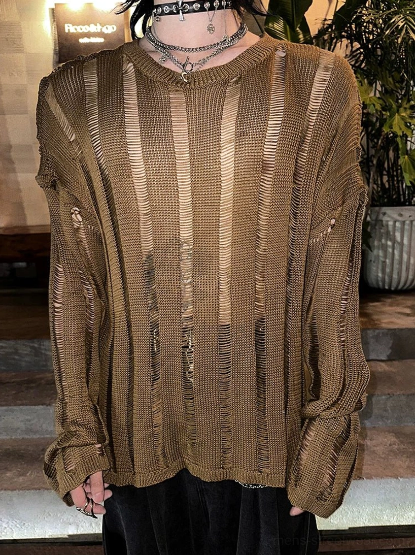 Close-up upper body view highlighting the crew neck dropped shoulder construction and distressed vertical sheer knit pattern