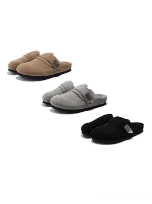 Three color options of closed-toe suede leather mule sandals in tan grey and black with adjustable straps and flat rubber soles