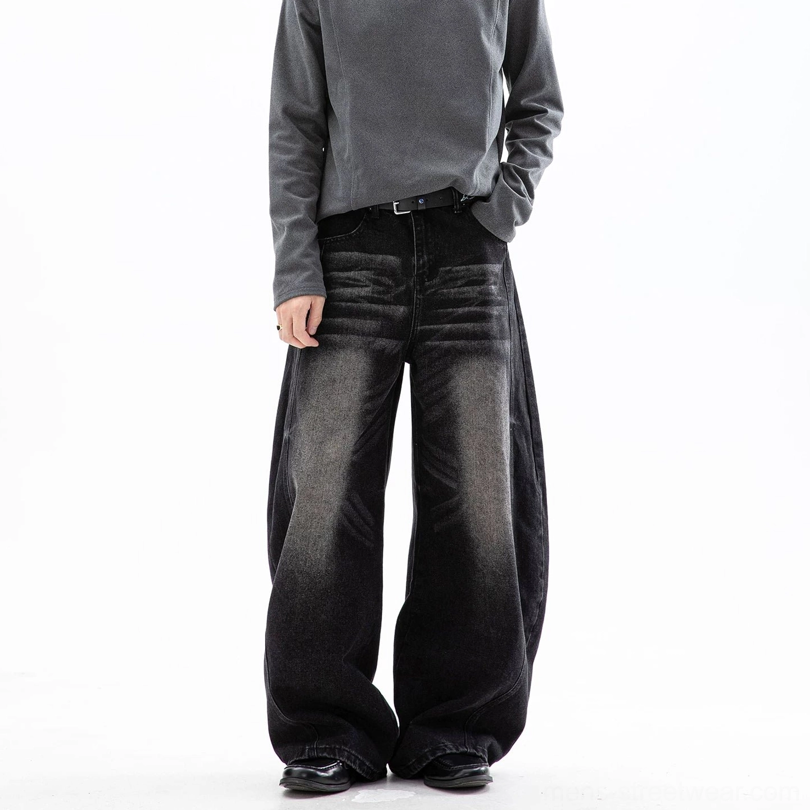 Black cloud washed ultra wide leg jeans with faded vintage finish for oversized Korean streetwear outfits