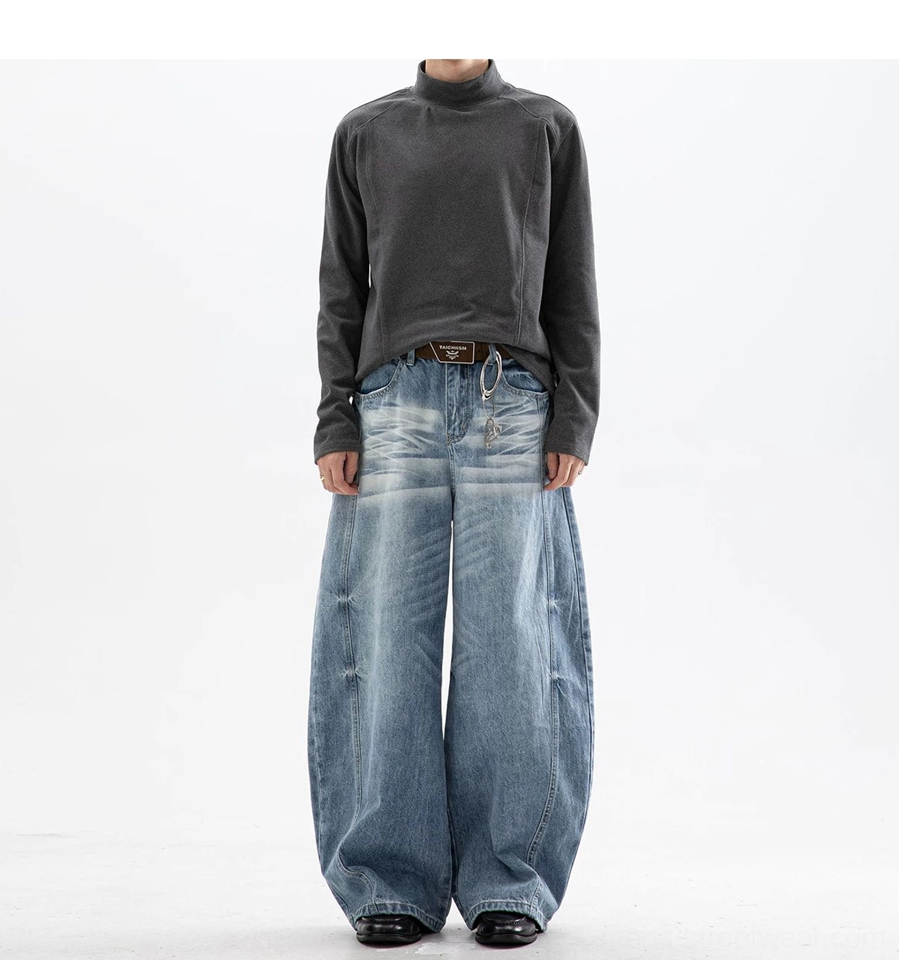 Ultra wide leg cloud wash denim jeans with classic five pocket construction for Seoul streetwear styling
