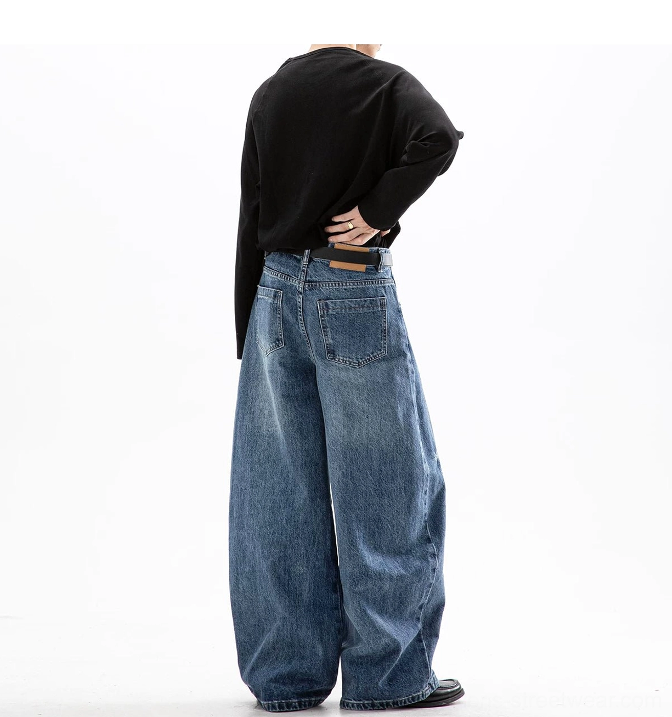 Cloud washed ultra wide leg jeans for Korean streetwear shown in a detailed product studio view