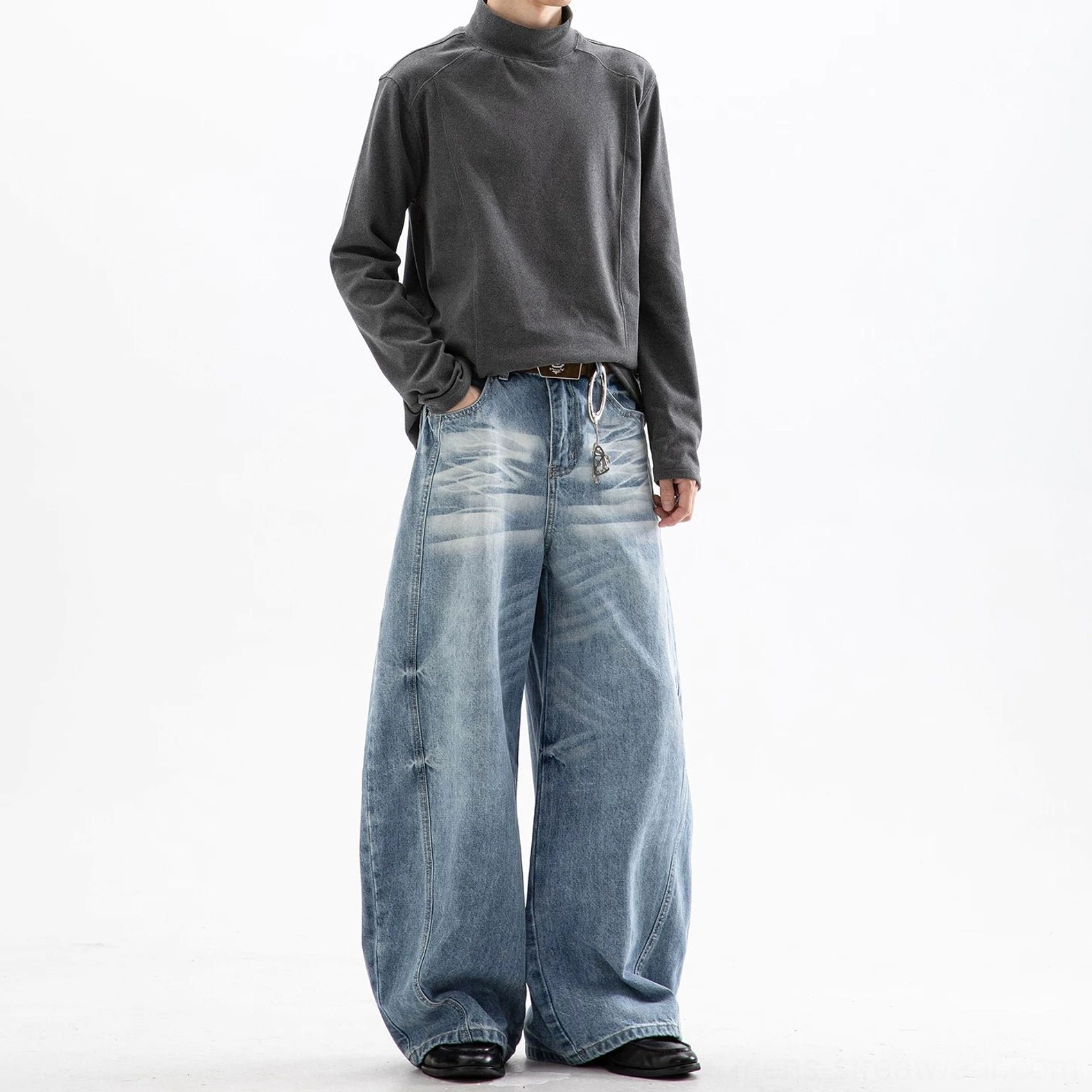 Light blue cloud washed ultra wide leg jeans with oversized silhouette for Korean streetwear outfits