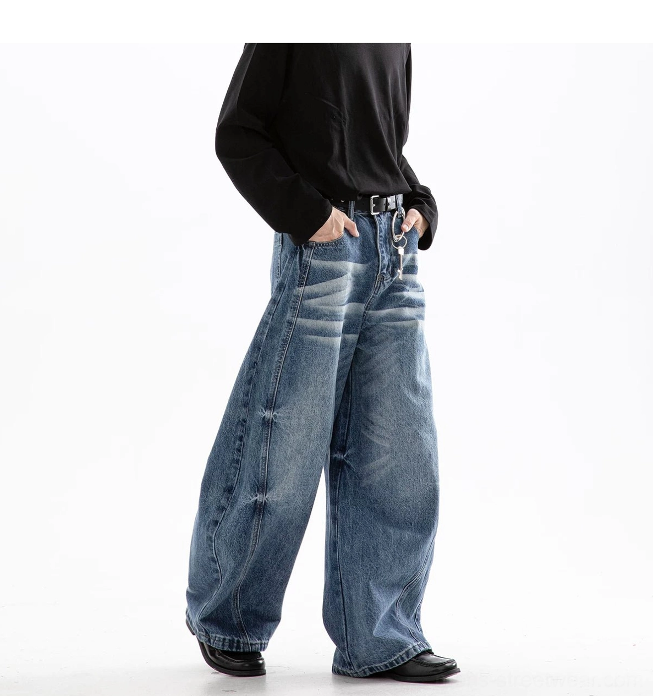 Cloud washed ultra wide leg denim jeans with oversized straight fit shown in product detail view
