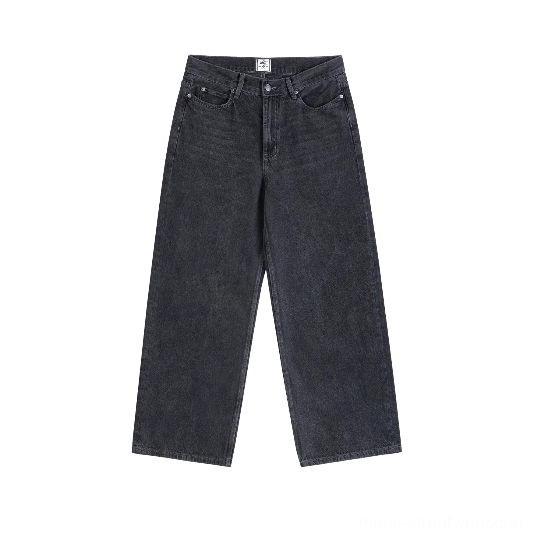 Washed black wide-leg jeans in durable cotton denim designed for relaxed Korean fashion, Acubi-inspired looks, and casual layering