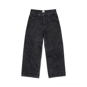 Washed black wide-leg denim jeans shown from the front in a flat lay with a high-rise waist and classic five-pocket streetwear design