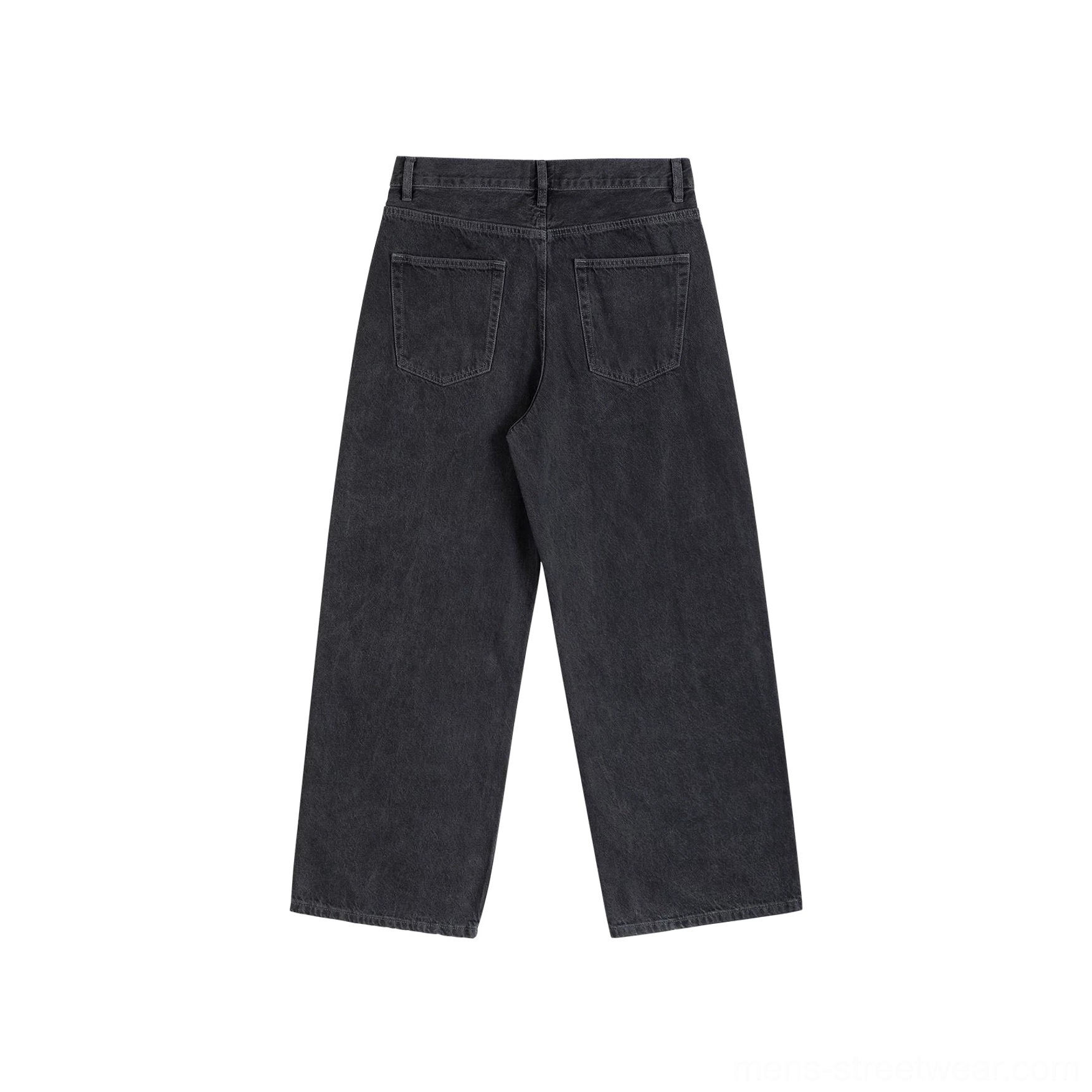 Rear view of washed black wide-leg streetwear jeans showing rectangular back patch pockets, belt loops, and relaxed silhouette