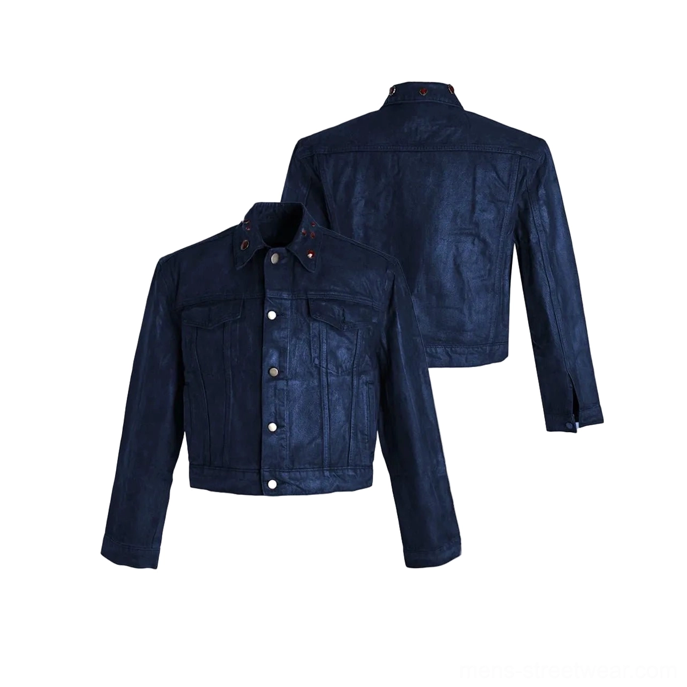 Dark cobalt blue distressed faux leather cropped trucker jacket shown from front and back with classic denim-inspired detailing